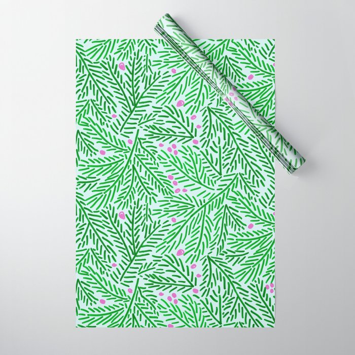Winter Berries & Pine Branches in Green Wrapping Paper
