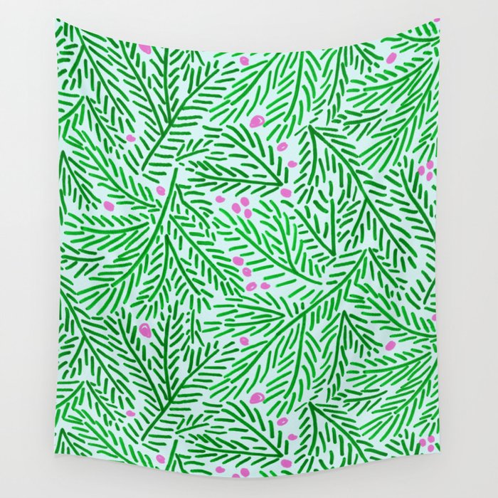 Winter Berries & Pine Branches in Green Wall Tapestry Gallery Image 1