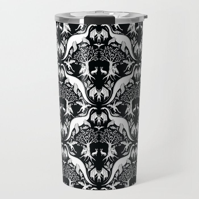 Black & White Cryptid Damask Travel Mug Gallery Image 1