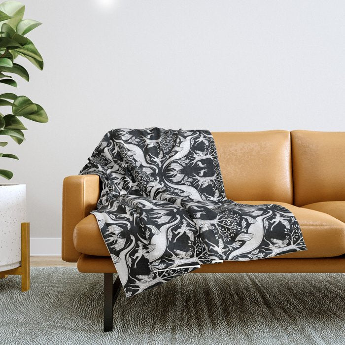 Black & White Cryptid Damask Throw Blanket Gallery Image 1