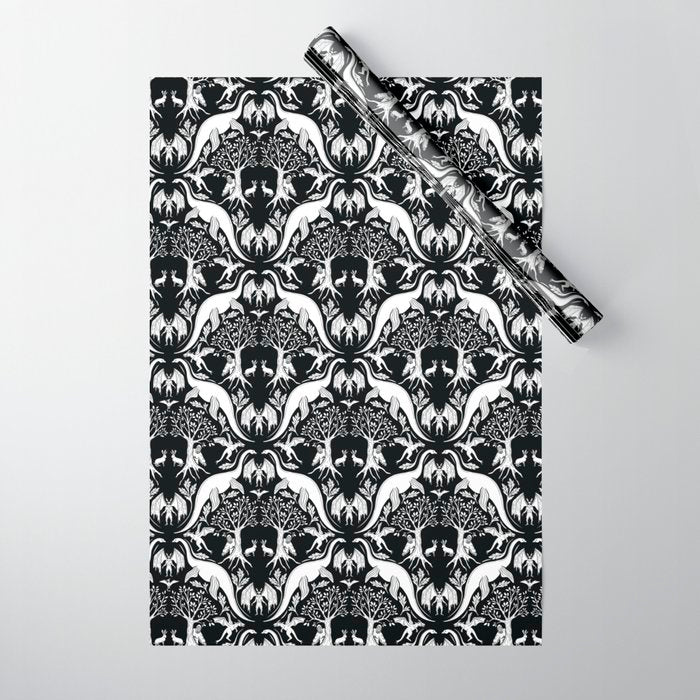 Black & White Cryptid Damask Wrapping Paper Gallery Image 1