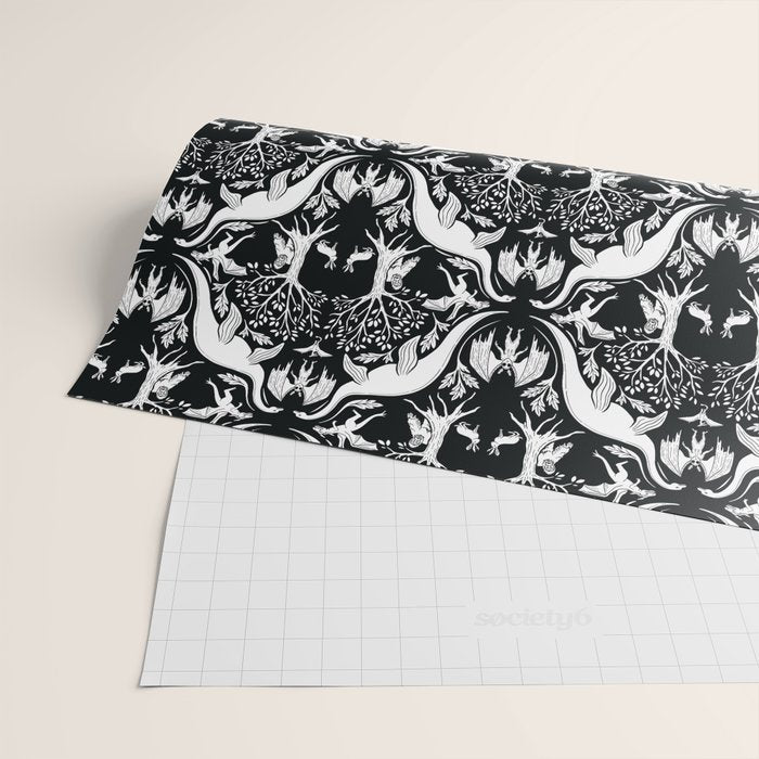 Black & White Cryptid Damask Wrapping Paper Gallery Image 2