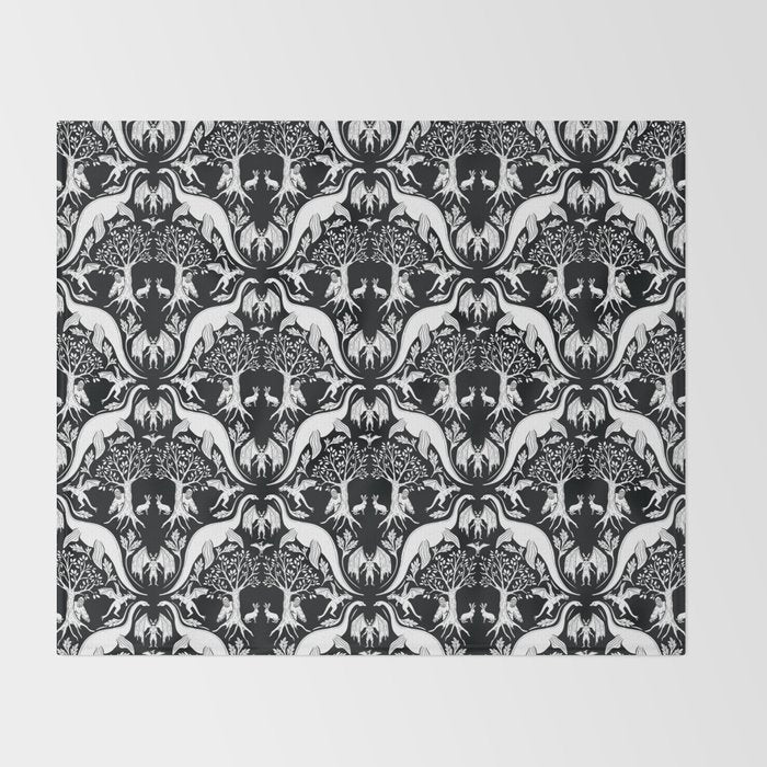 Black & White Cryptid Damask Throw Blanket Gallery Image 2