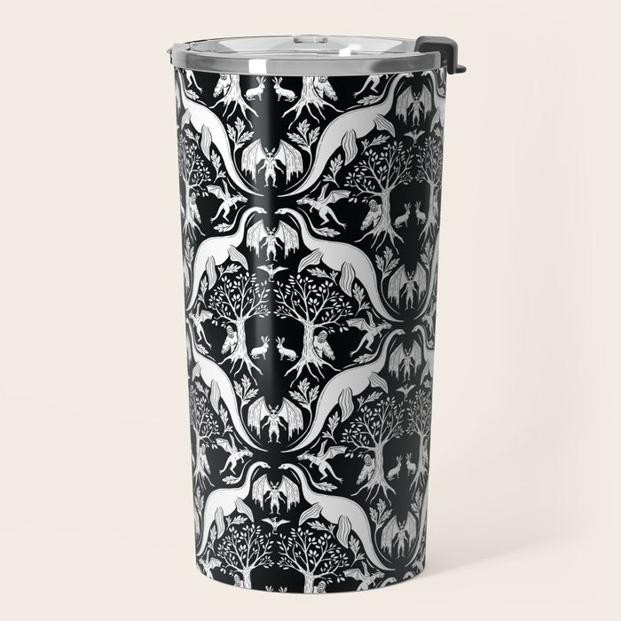 Black & White Cryptid Damask Travel Mug Gallery Image 2