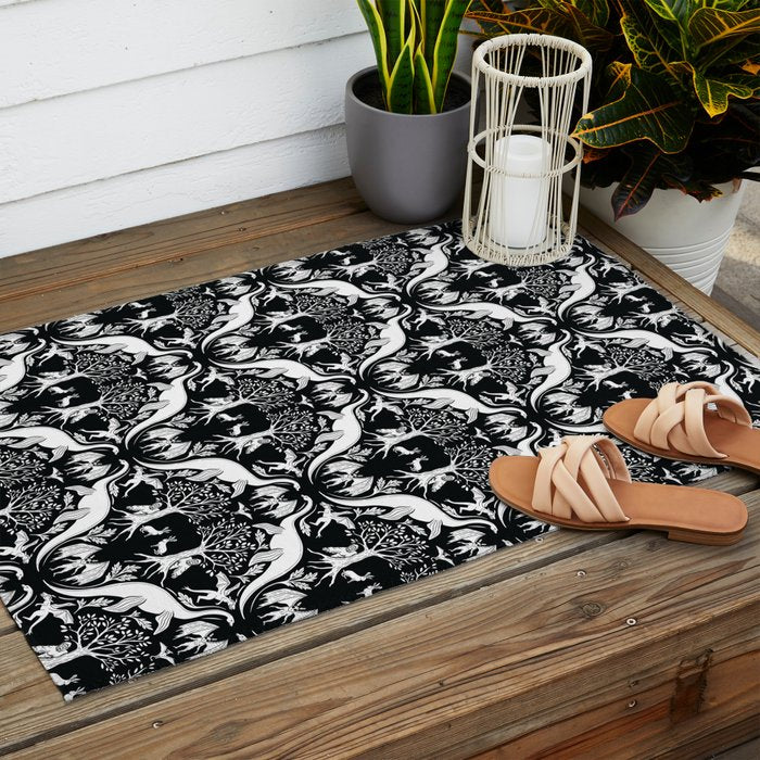 Black & White Cryptid Damask Outdoor Rug Gallery Image 2
