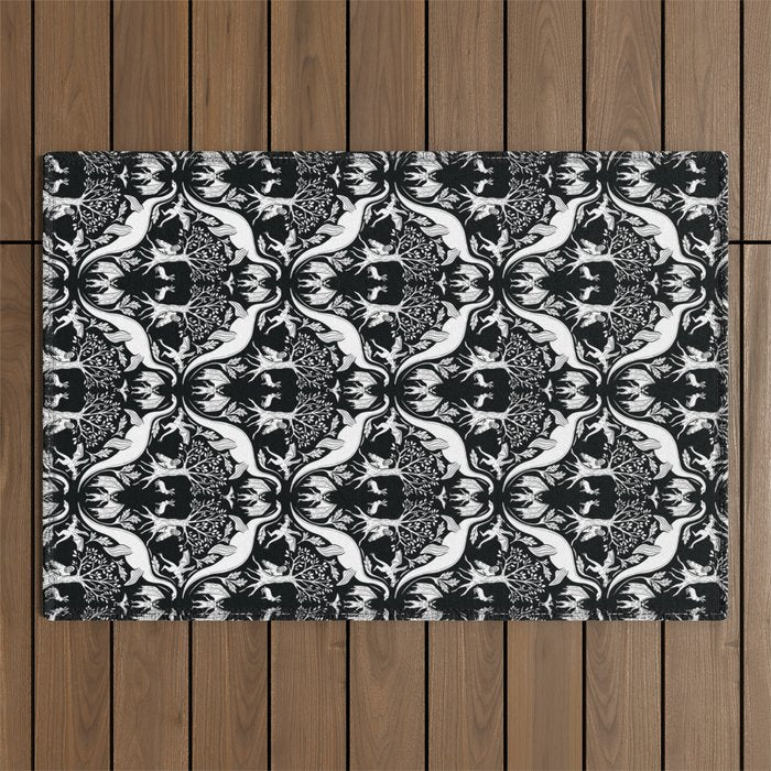 Black & White Cryptid Damask Outdoor Rug Gallery Image 1