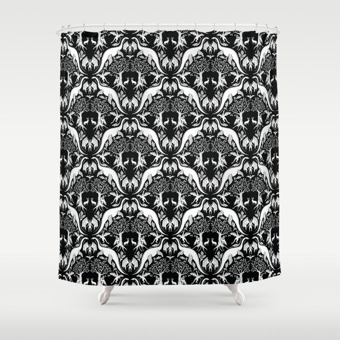 Black & White Cryptid Damask Shower Curtain Gallery Image 1