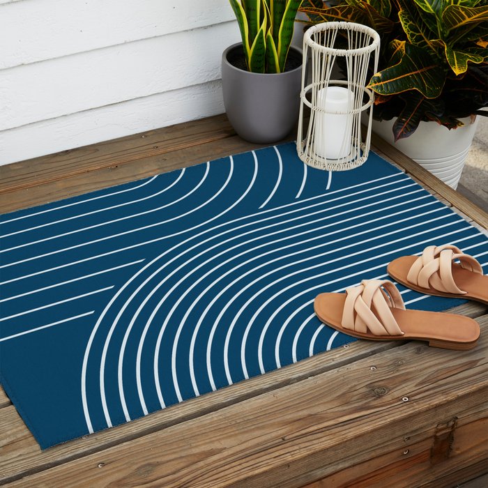 Geometric Lines in night Blue 16 (Rainbow Abstract) Outdoor Rug Gallery Image 2