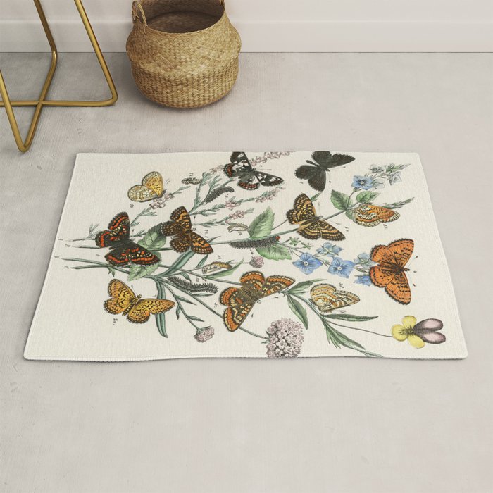 Vintage Scientific Illustration Butterfly Botanical Floral Lithograph Encyclopaedia Diagrams  Rug Gallery Image 1