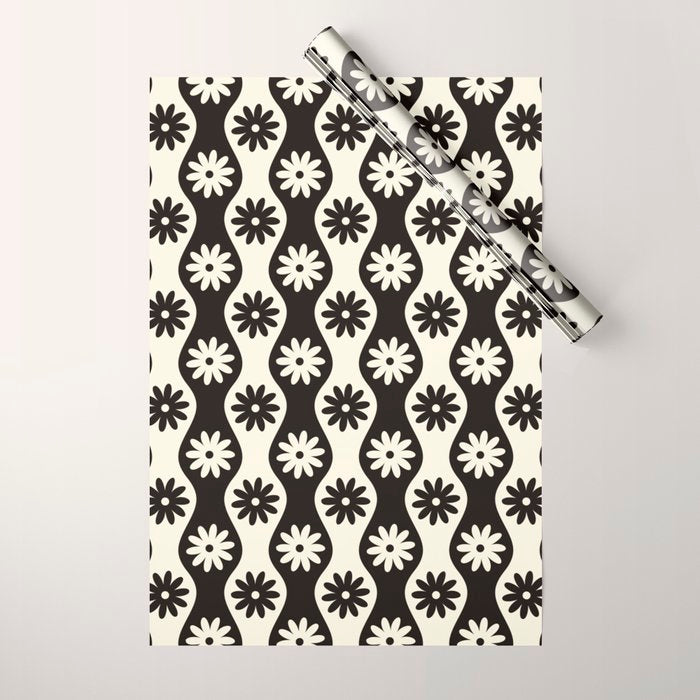 Retro Wavy Stripes with Flowers in Black & Off White Wrapping Paper Gallery Image 1