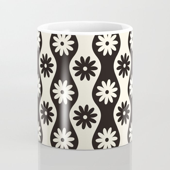 Retro Wavy Stripes with Flowers in Black & Off White Coffee Mug Gallery Image 4
