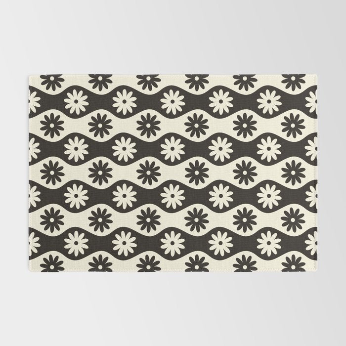 Retro Wavy Stripes with Flowers in Black & Off White Rug Gallery Image 2