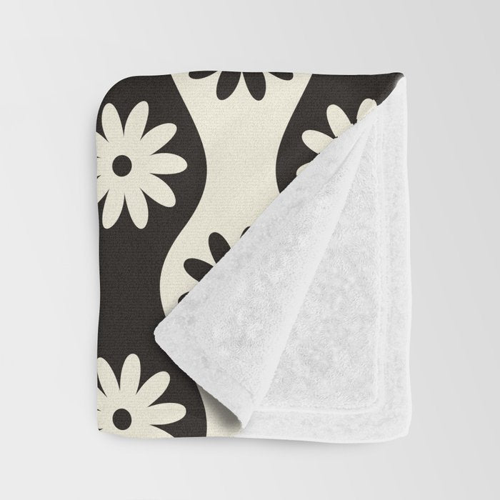Retro Wavy Stripes with Flowers in Black & Off White Throw Blanket Gallery Image 3