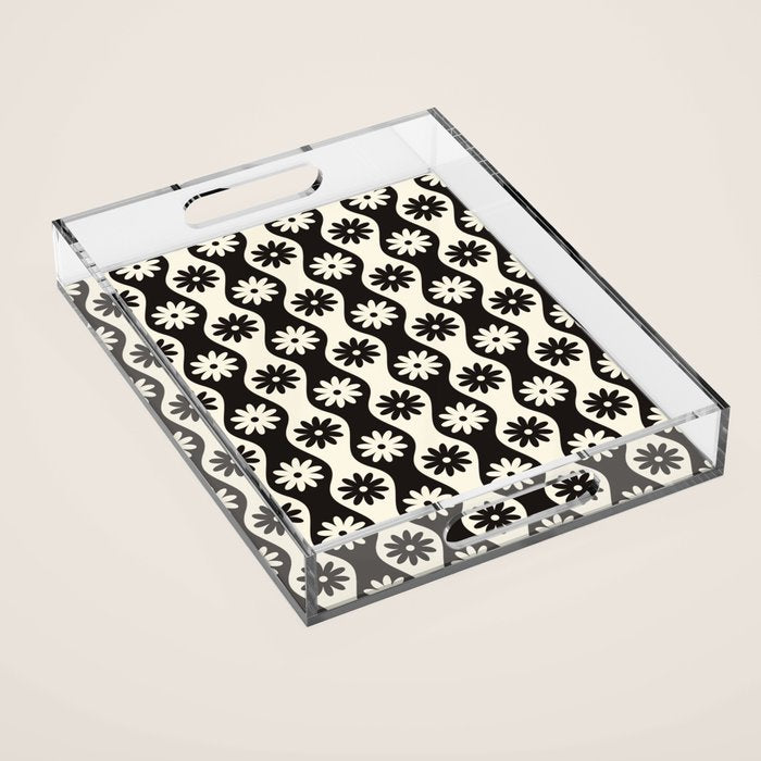 Retro Wavy Stripes with Flowers in Black & Off White Acrylic Tray Gallery Image 1