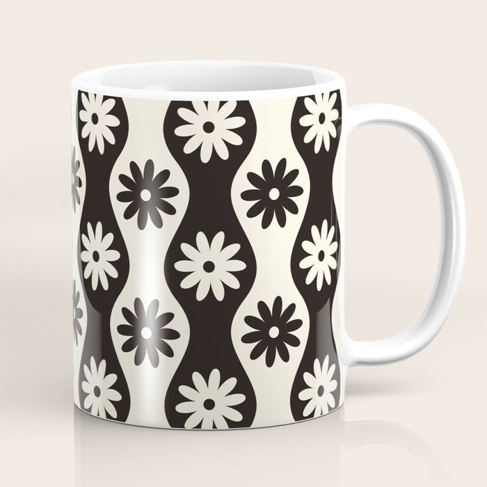 Retro Wavy Stripes with Flowers in Black & Off White Coffee Mug Gallery Image 1