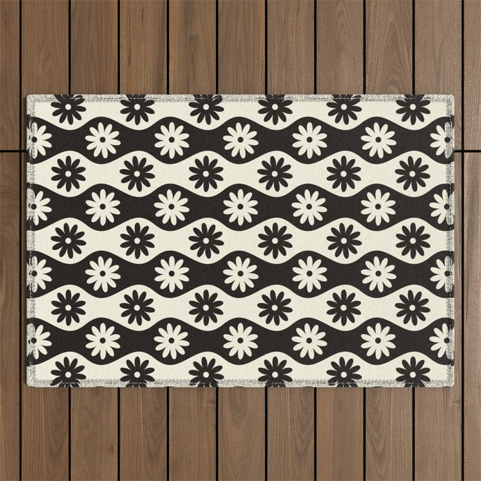 Retro Wavy Stripes with Flowers in Black & Off White Outdoor Rug Gallery Image 1