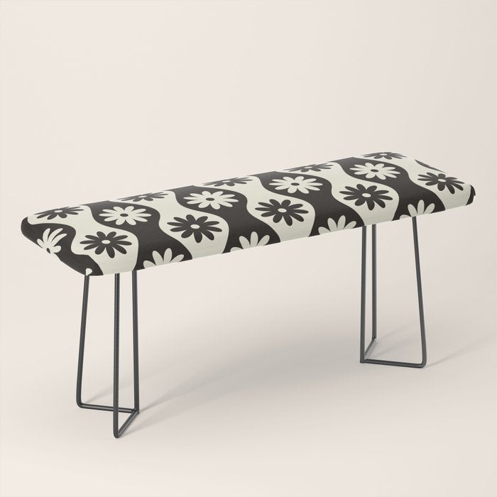 Retro Wavy Stripes with Flowers in Black & Off White Bench Gallery Image 1
