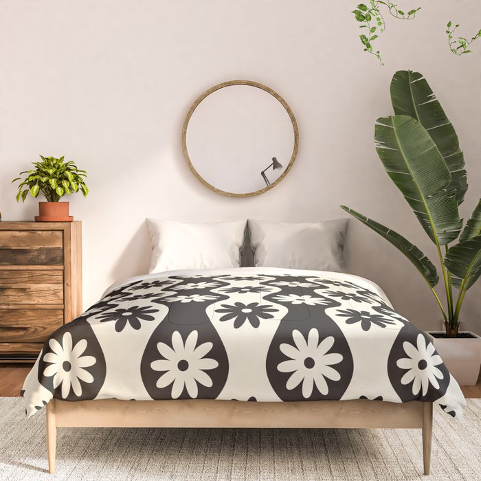 Retro Wavy Stripes with Flowers in Black & Off White Comforter Gallery Image 3