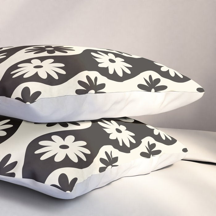 Retro Wavy Stripes with Flowers in Black & Off White Pillow Sham Gallery Image 3