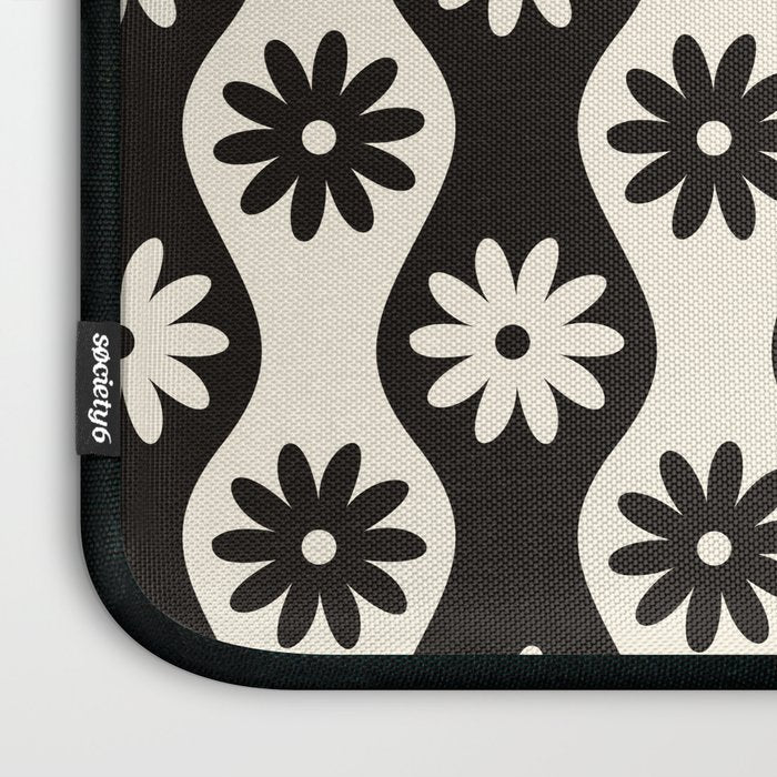 Retro Wavy Stripes with Flowers in Black & Off White Laptop Sleeve Gallery Image 3