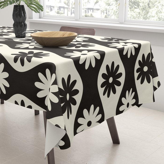 Retro Wavy Stripes with Flowers in Black & Off White Tablecloth Gallery Image 3