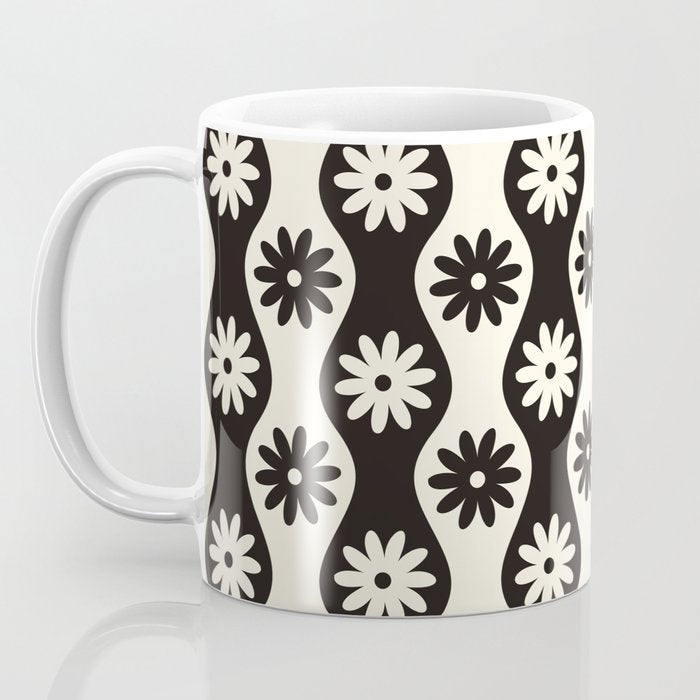 Retro Wavy Stripes with Flowers in Black & Off White Coffee Mug Gallery Image 3
