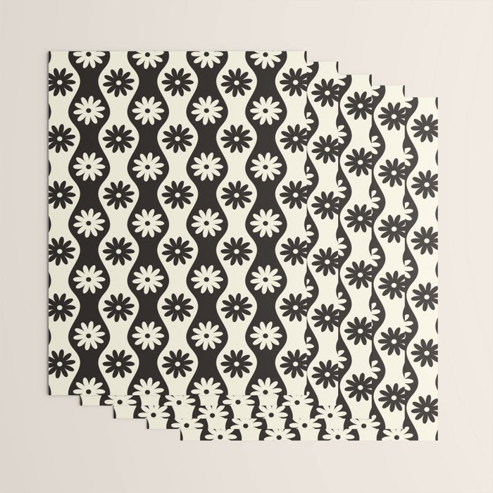 Retro Wavy Stripes with Flowers in Black & Off White Wrapping Paper Gallery Image 3