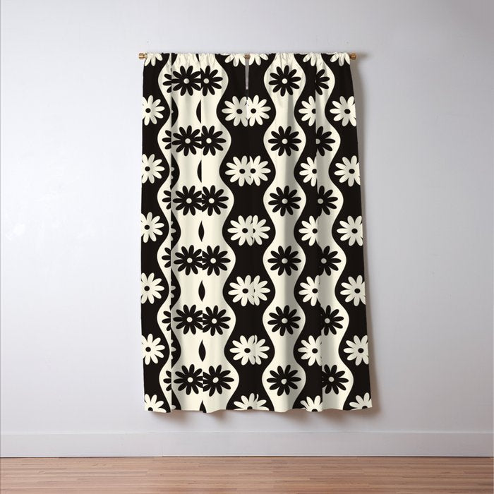 Retro Wavy Stripes with Flowers in Black & Off White Window Curtain Gallery Image 3