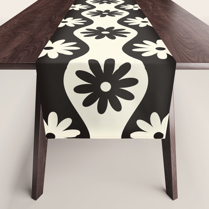 Retro Wavy Stripes with Flowers in Black & Off White Table Runner Gallery Image 1