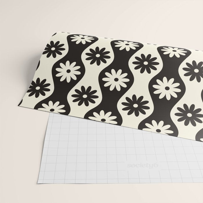 Retro Wavy Stripes with Flowers in Black & Off White Wrapping Paper Gallery Image 2