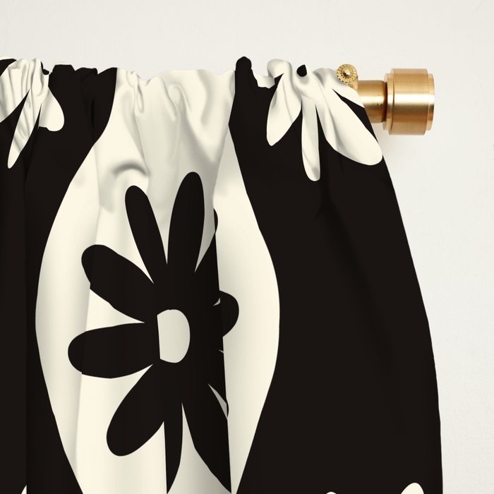Retro Wavy Stripes with Flowers in Black & Off White Window Curtain Gallery Image 2
