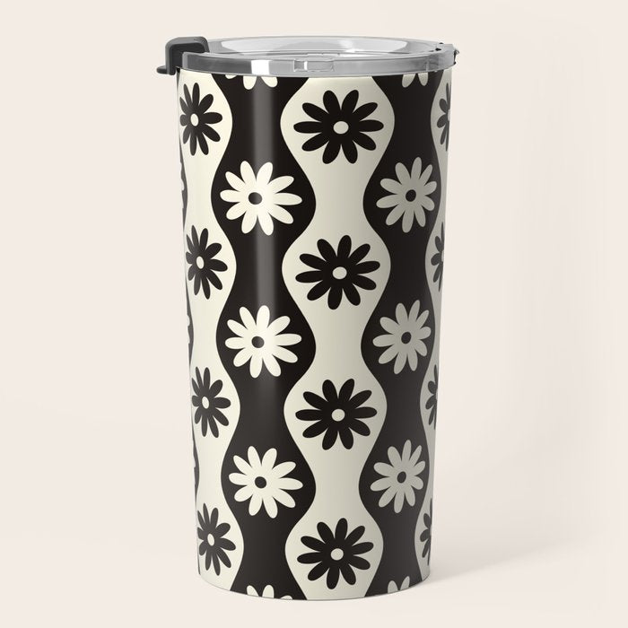 Retro Wavy Stripes with Flowers in Black & Off White Travel Mug Gallery Image 3