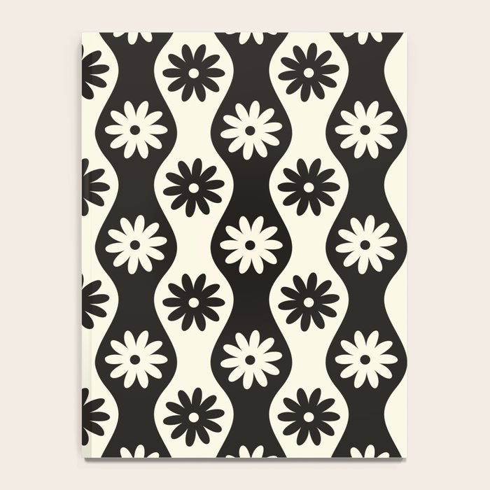 Retro Wavy Stripes with Flowers in Black & Off White Notebook Gallery Image 4