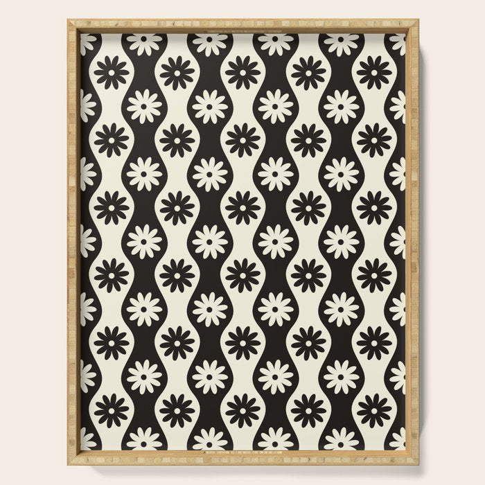 Retro Wavy Stripes with Flowers in Black & Off White Serving Tray Gallery Image 1