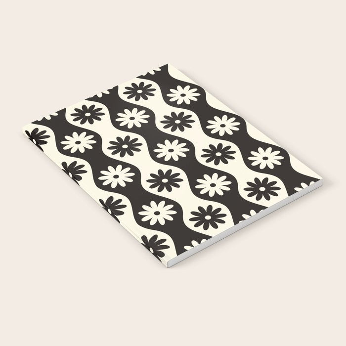 Retro Wavy Stripes with Flowers in Black & Off White Notebook Gallery Image 1