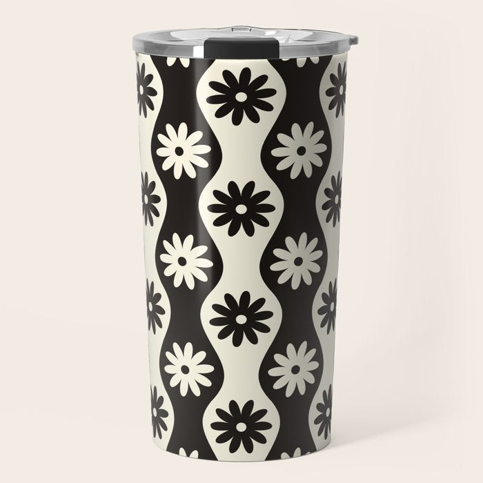 Retro Wavy Stripes with Flowers in Black & Off White Travel Mug Gallery Image 1
