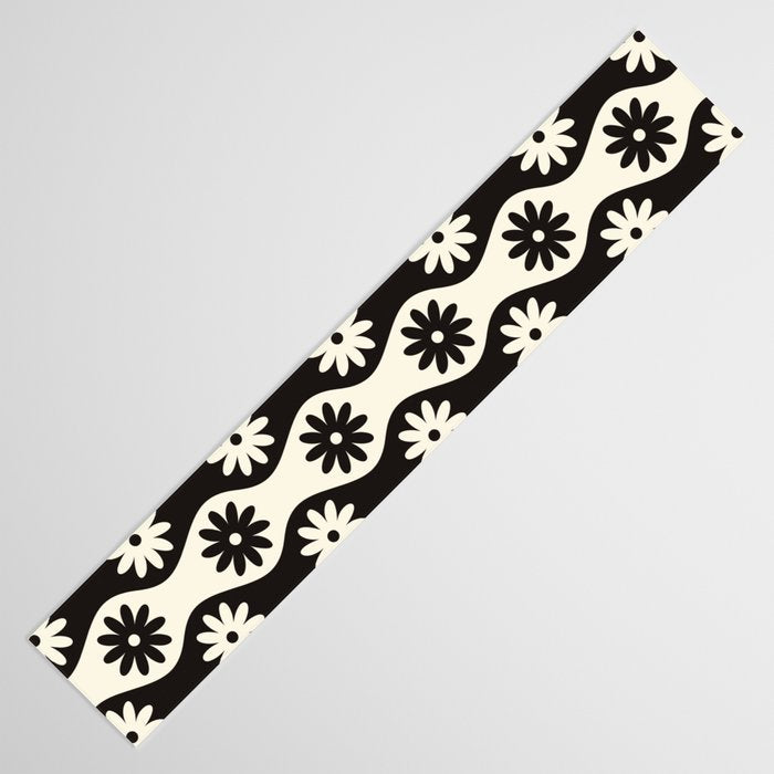 Retro Wavy Stripes with Flowers in Black & Off White Table Runner Gallery Image 3