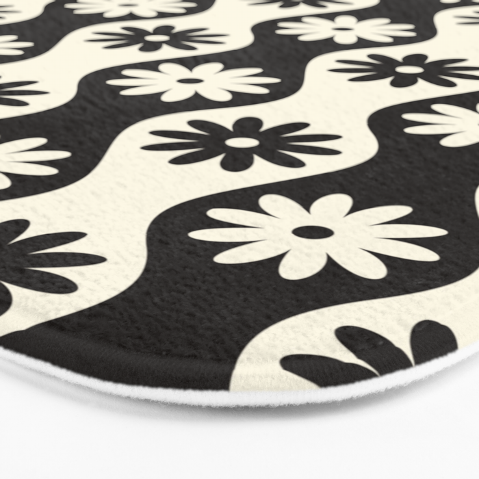 Retro Wavy Stripes with Flowers in Black & Off White Bath Mat Gallery Image 3