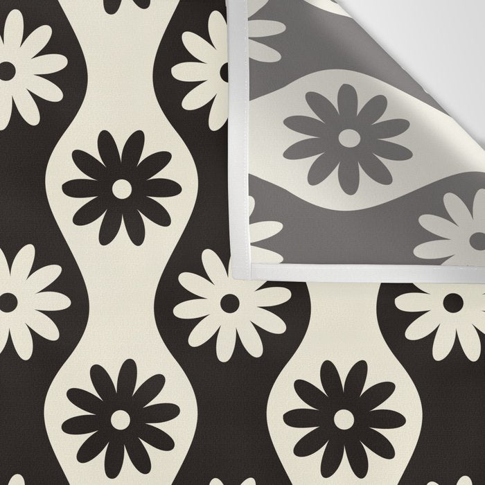 Retro Wavy Stripes with Flowers in Black & Off White Wall Tapestry Gallery Image 3