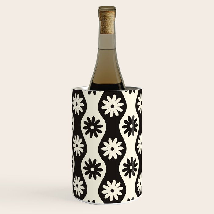 Retro Wavy Stripes with Flowers in Black & Off White Wine Chiller Gallery Image 3