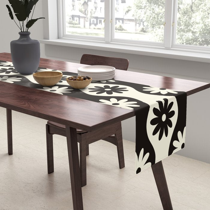 Retro Wavy Stripes with Flowers in Black & Off White Table Runner Gallery Image 2
