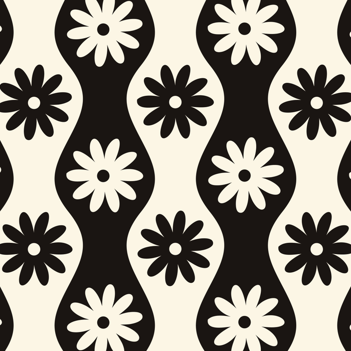 Retro Wavy Stripes with Flowers in Black & Off White Coffee Mug Gallery Image 2