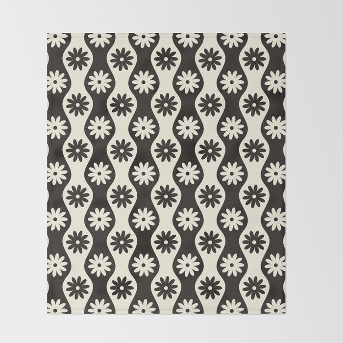 Retro Wavy Stripes with Flowers in Black & Off White Throw Blanket Gallery Image 2