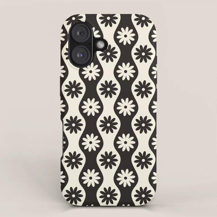 Retro Wavy Stripes with Flowers in Black & Off White iPhone Case Gallery Image 1