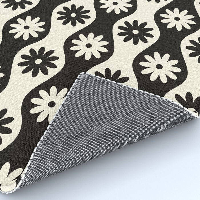 Retro Wavy Stripes with Flowers in Black & Off White Rug Gallery Image 4