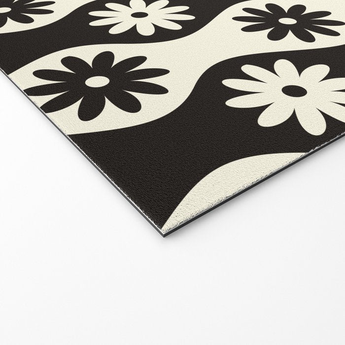 Retro Wavy Stripes with Flowers in Black & Off White Welcome Mat Gallery Image 2