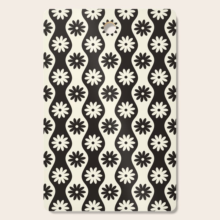 Retro Wavy Stripes with Flowers in Black & Off White Cutting Board Gallery Image 1