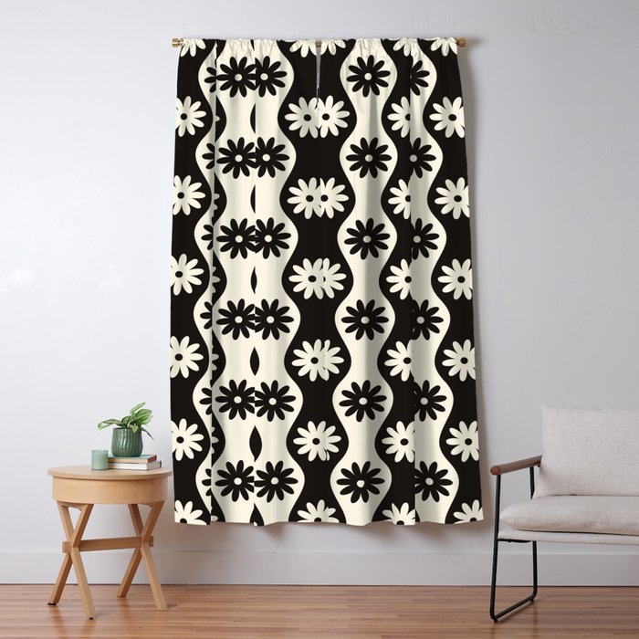 Retro Wavy Stripes with Flowers in Black & Off White Window Curtain Gallery Image 5