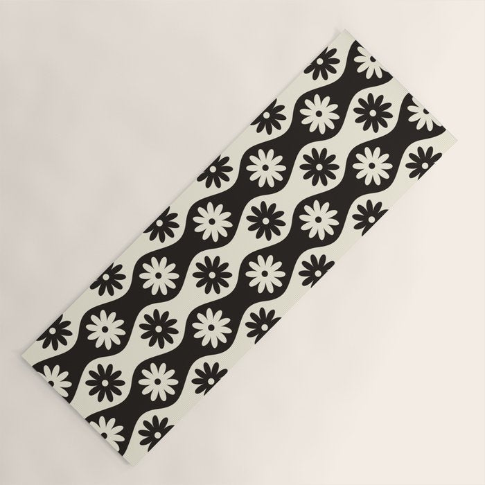 Retro Wavy Stripes with Flowers in Black & Off White Yoga Mat Gallery Image 1