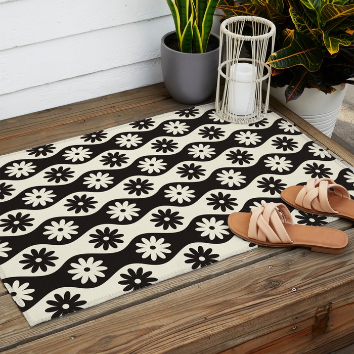 Retro Wavy Stripes with Flowers in Black & Off White Outdoor Rug Gallery Image 2